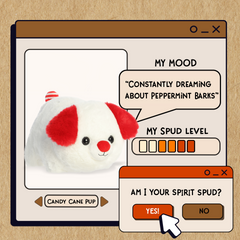 A spudsters product card for the Candy Cane Pup plush by Aurora