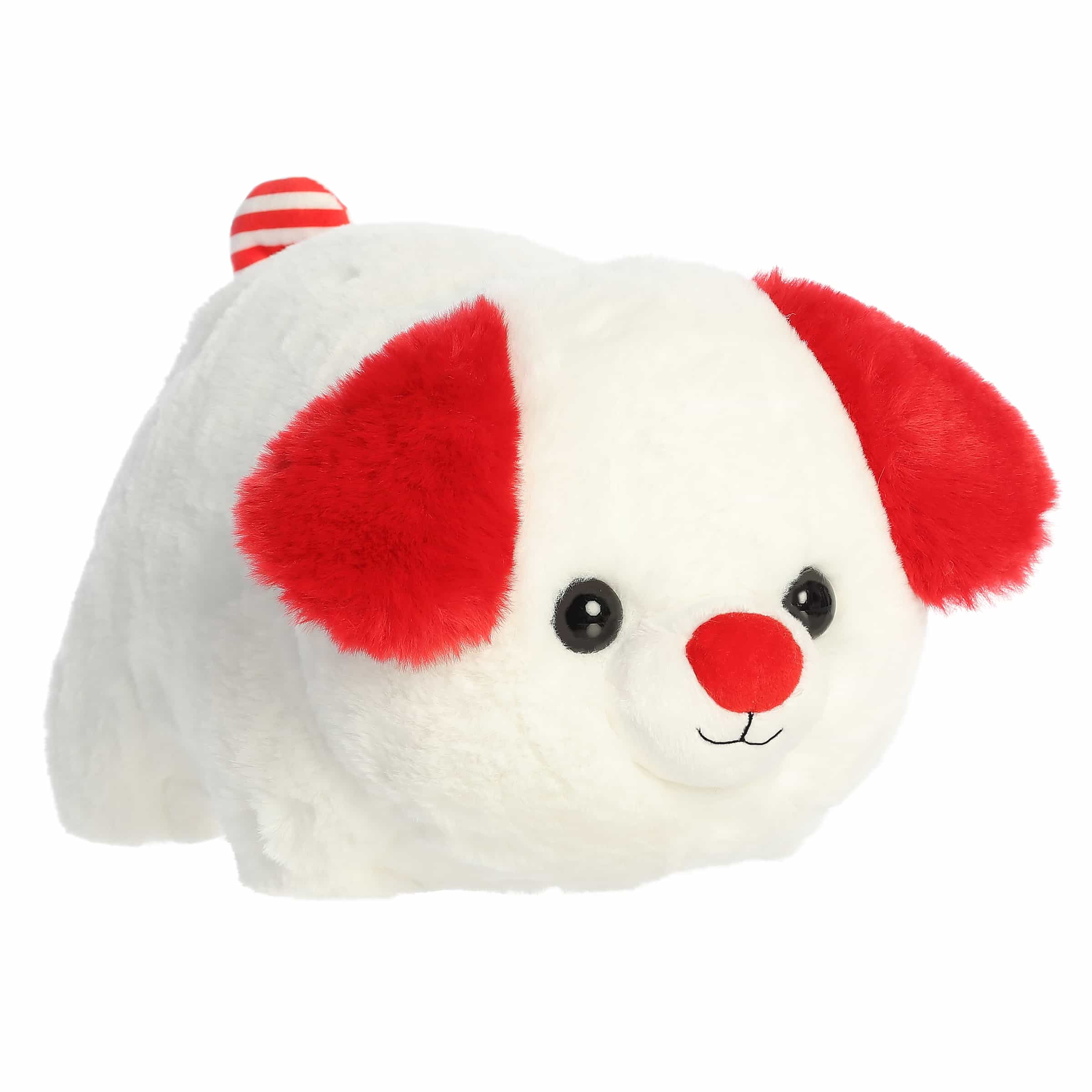 Puppy plush with potato-shaped body and candy cane-striped tail, soft and festive