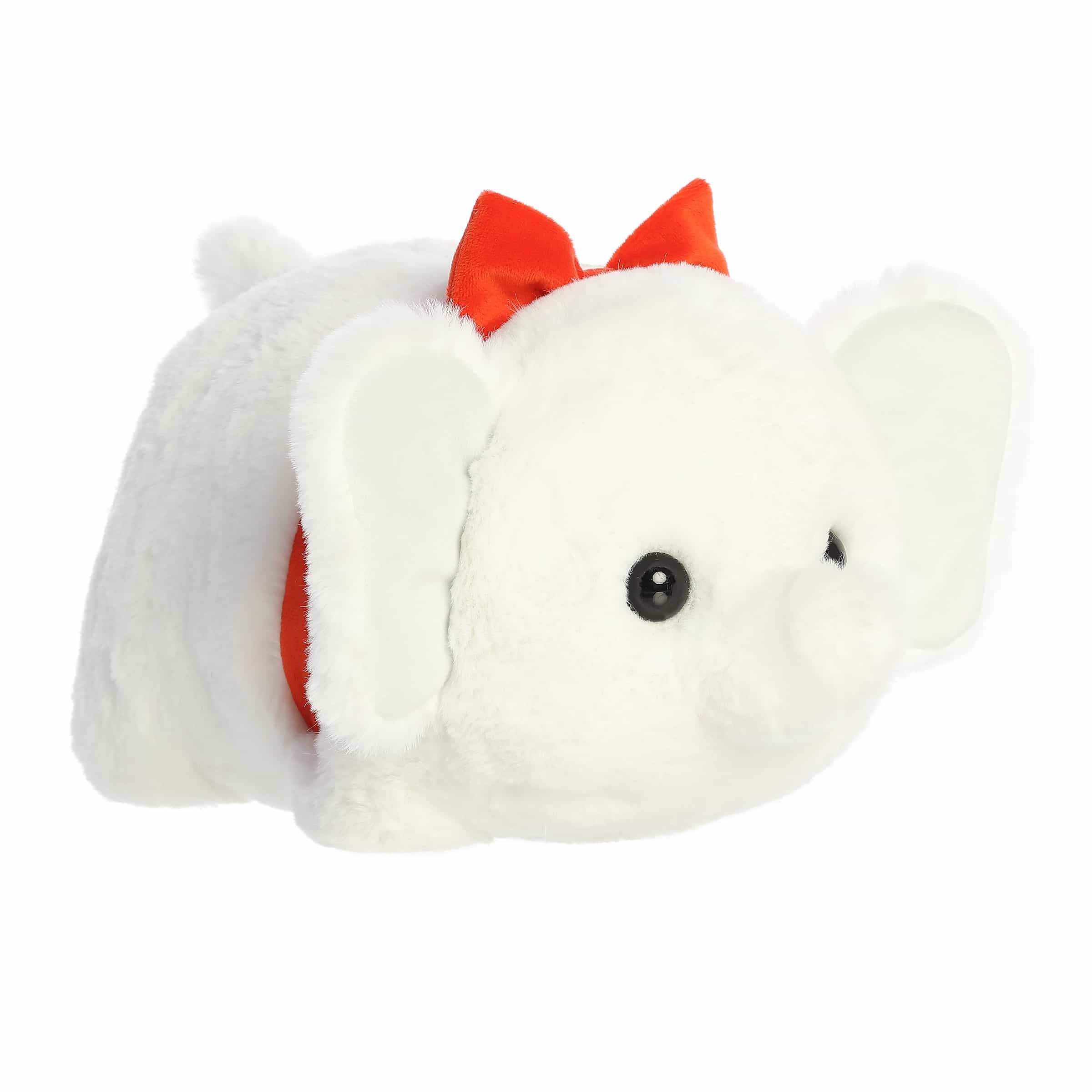 White elephant plush with potato-like body, festive red bow, and soft texture