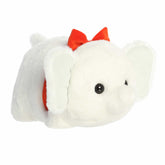 White elephant plush with potato-like body, festive red bow, and soft texture