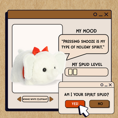 A spudsters product card for the White Elephant plush by Aurora