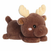 Belly-down moose plush with soft brown fur, floppy limbs, and a friendly face