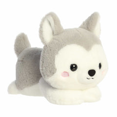 Belly-down husky plush with soft gray and white fur, floppy limbs, and a sweet face