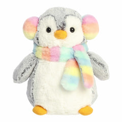 Penguin plush with vibrant earmuffs and colorful scarf, soft and snuggly