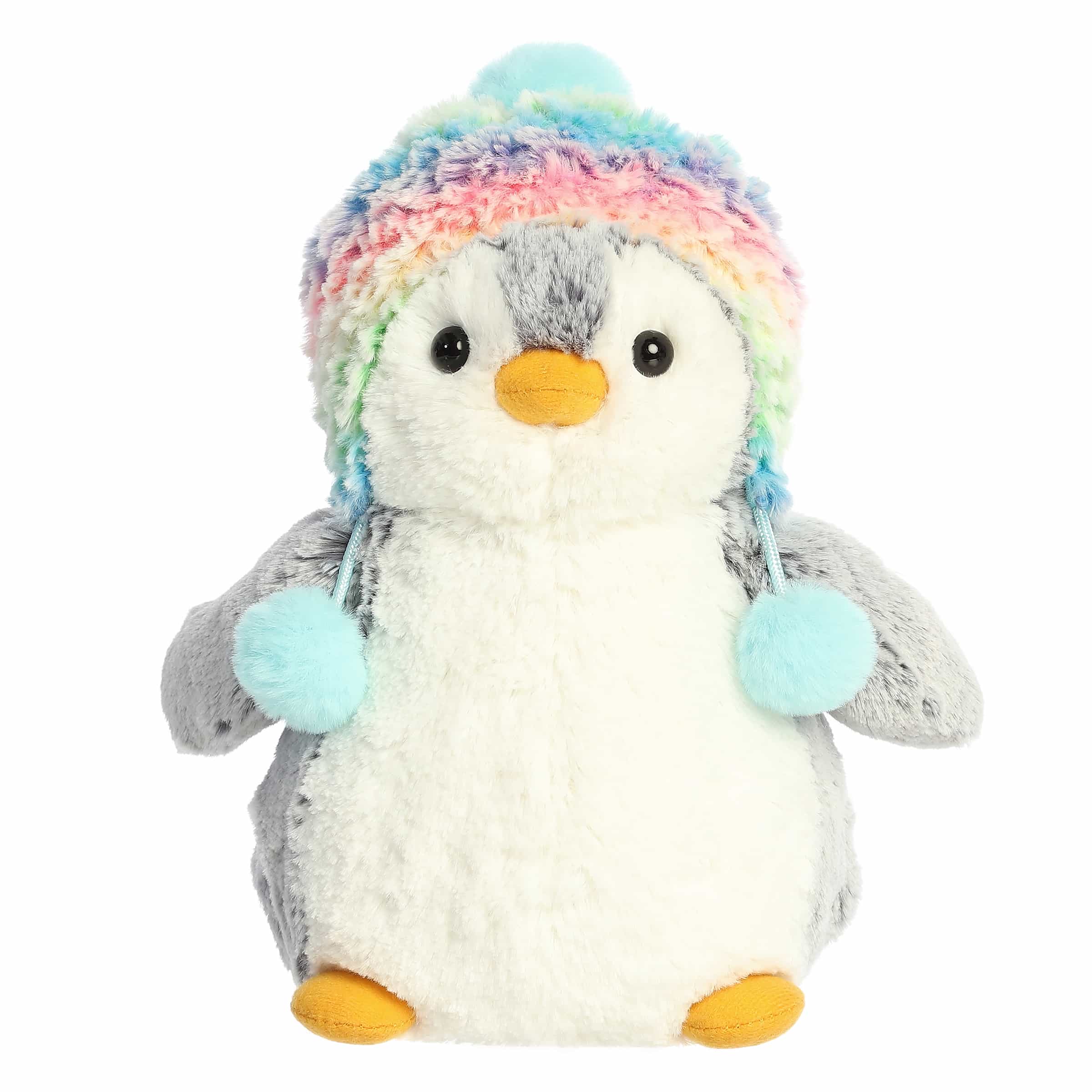 Penguin plush wearing a vibrant rainbow beanie, crafted with soft materials