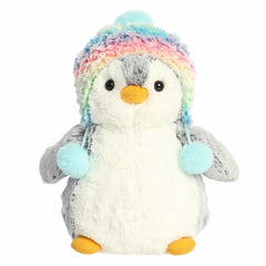 Penguin plush wearing a vibrant rainbow beanie, crafted with soft materials