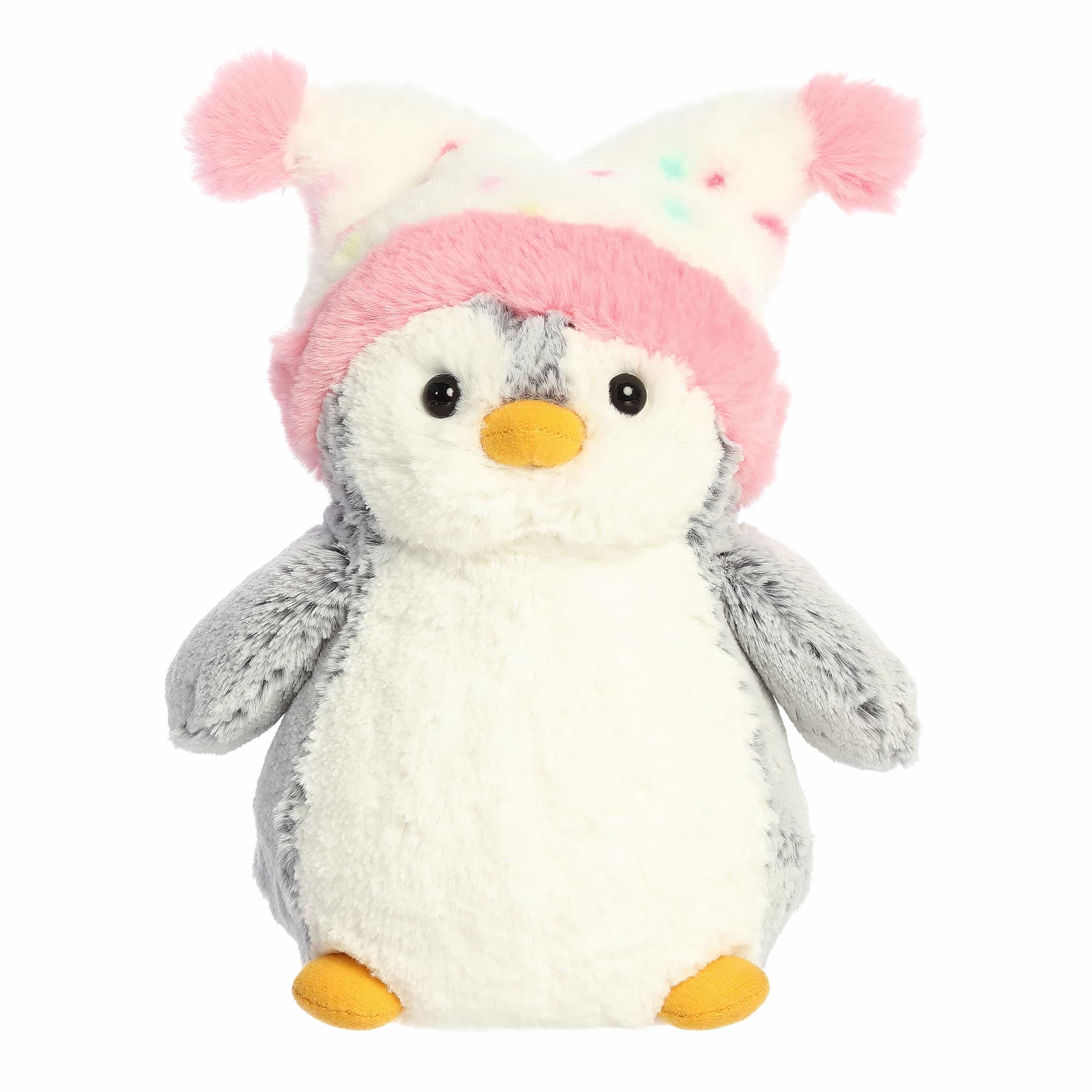 Penguin plush with a festive confetti-patterned hat, made with soft, durable fabric