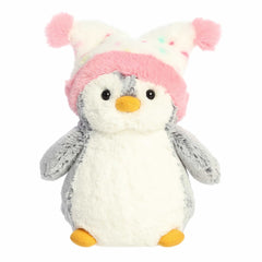 Penguin plush with a festive confetti-patterned hat, made with soft, durable fabric
