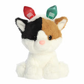 Calico cat plush wearing a festive Christmas light headband, crafted for softness and charm