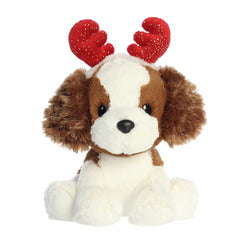 Plush spaniel dog wearing a festive antler headband, soft and cuddly by Aurora plush