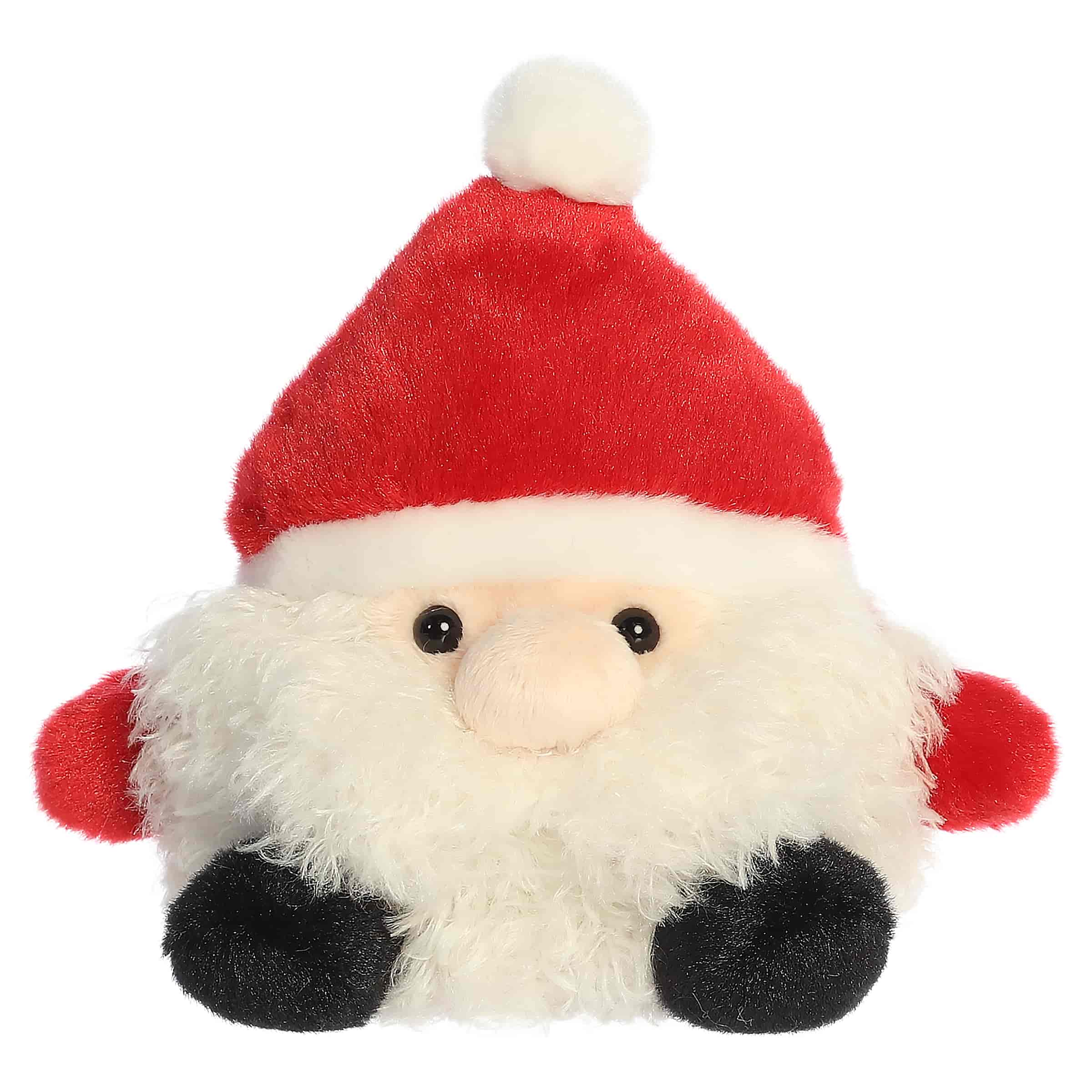Santa plush with a red hat, fluffy white beard, and fits in the palm of your hand.