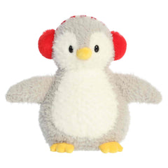 Gray penguin plush with outstretched wings and red earmuffs