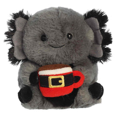 Black axolotl plush with fuzzy gills holding a small Santa mug
