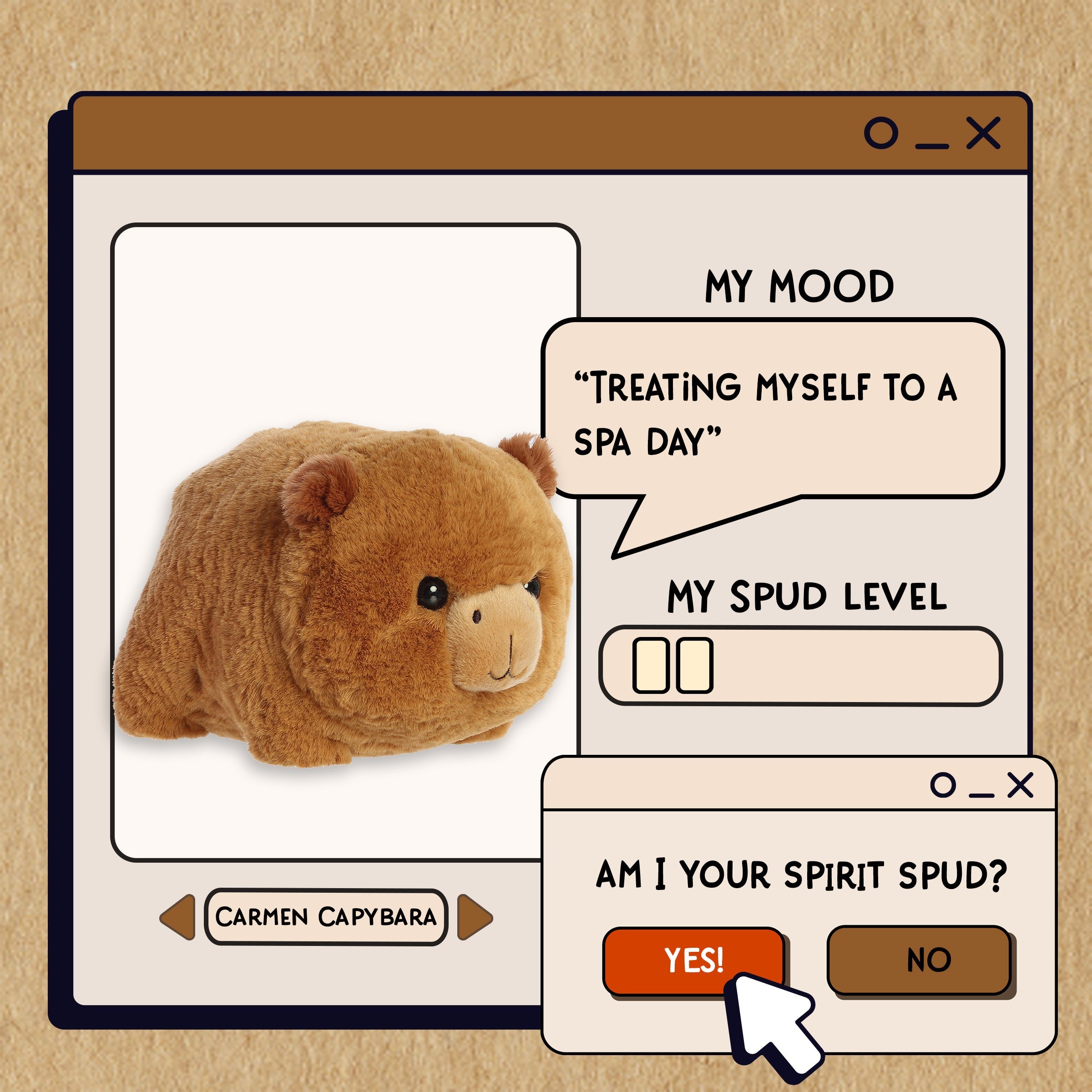 A spudsters product card for the Carmen Capybara plush by Aurora
