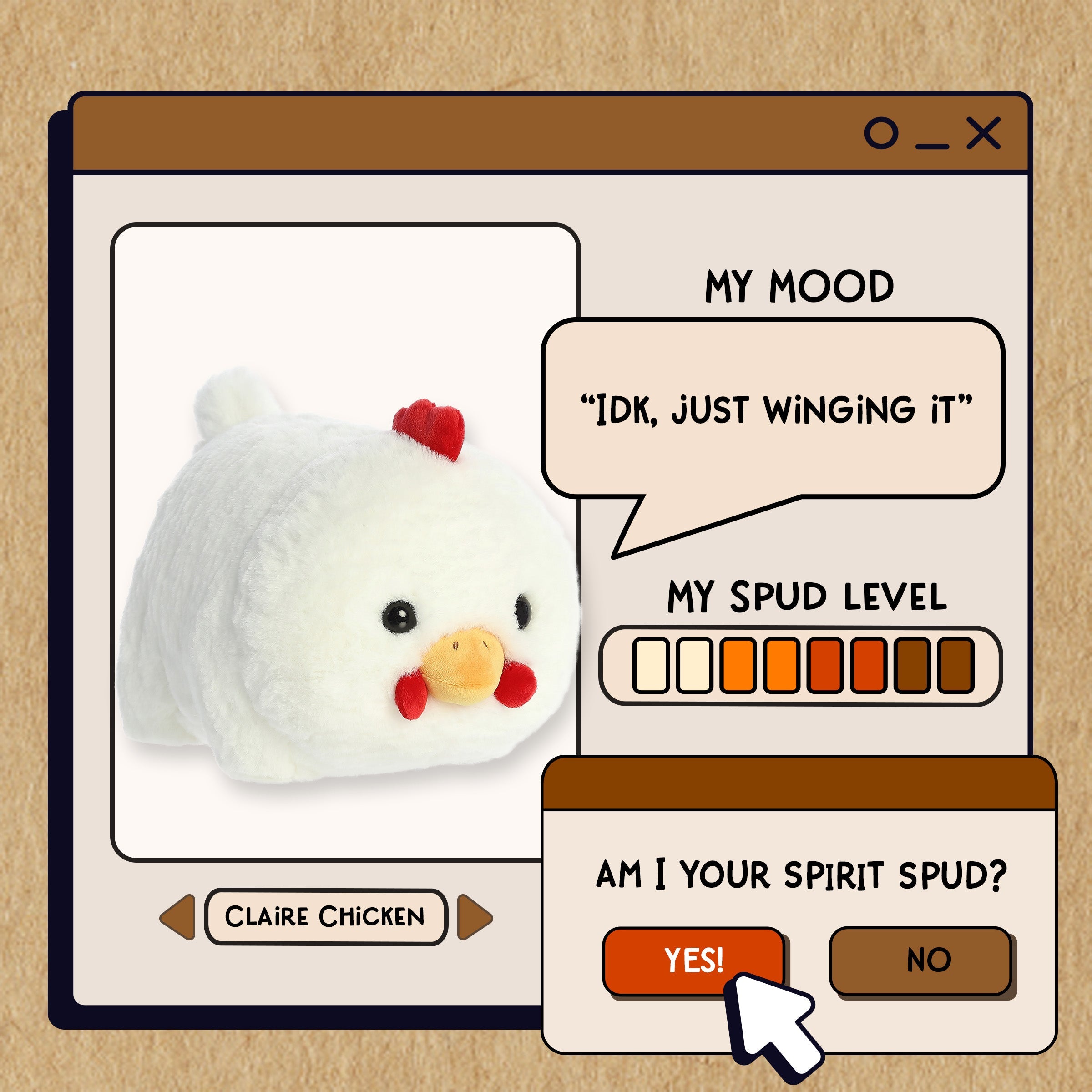 A spudsters product card for the Claire Chicken plush by Aurora