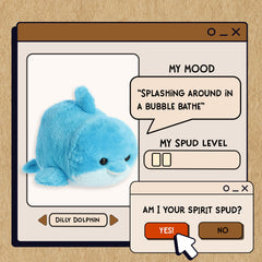 A spudsters product card for the Dilly Dolphin plush by Aurora