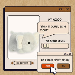A spudsters product card for the Eri Elephant plush by Aurora
