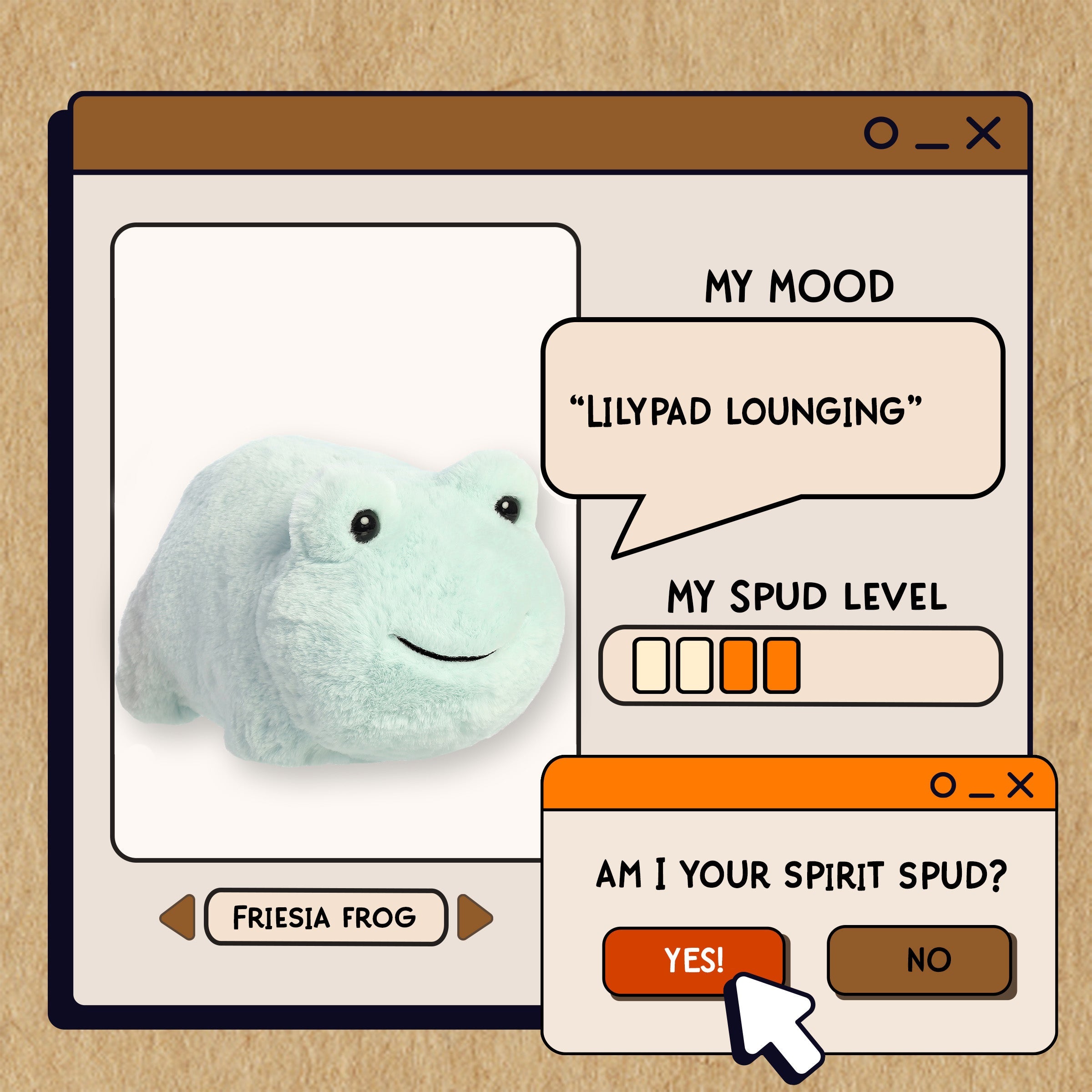 A spudsters product card for the friesia frog plush by Aurora