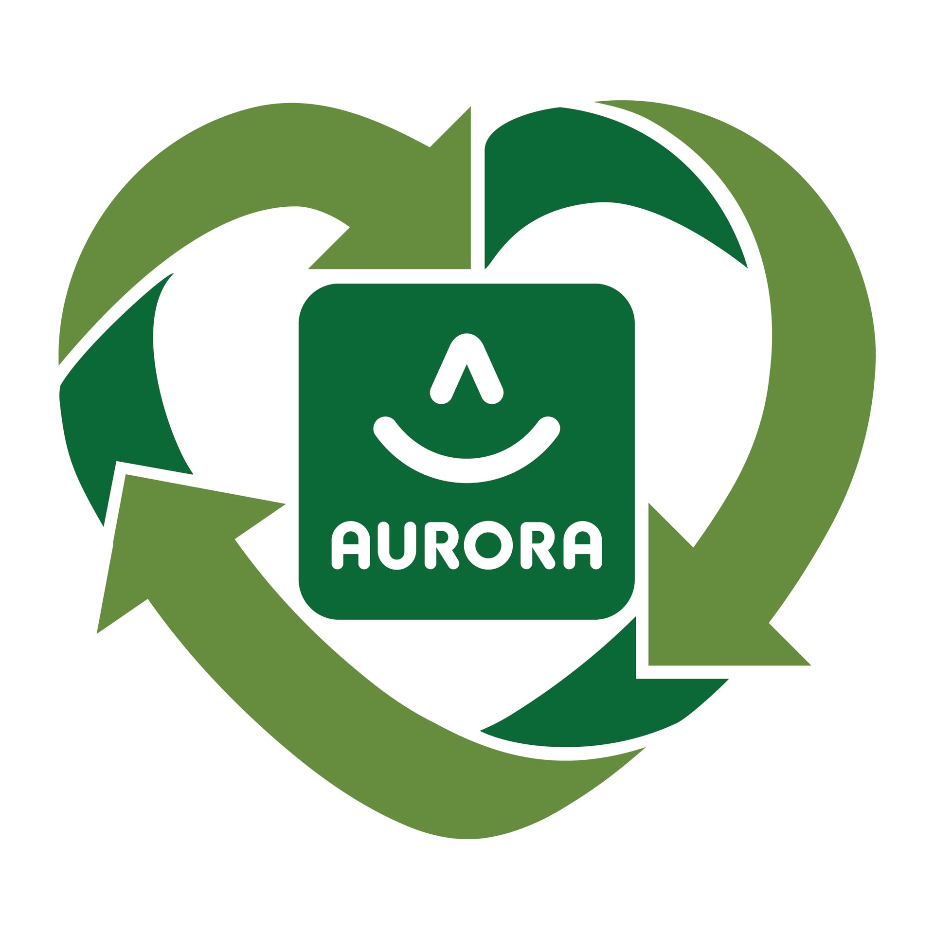 Aurora stuffed animal plush logo with a green heart for eco friendly toys and sustainable toys