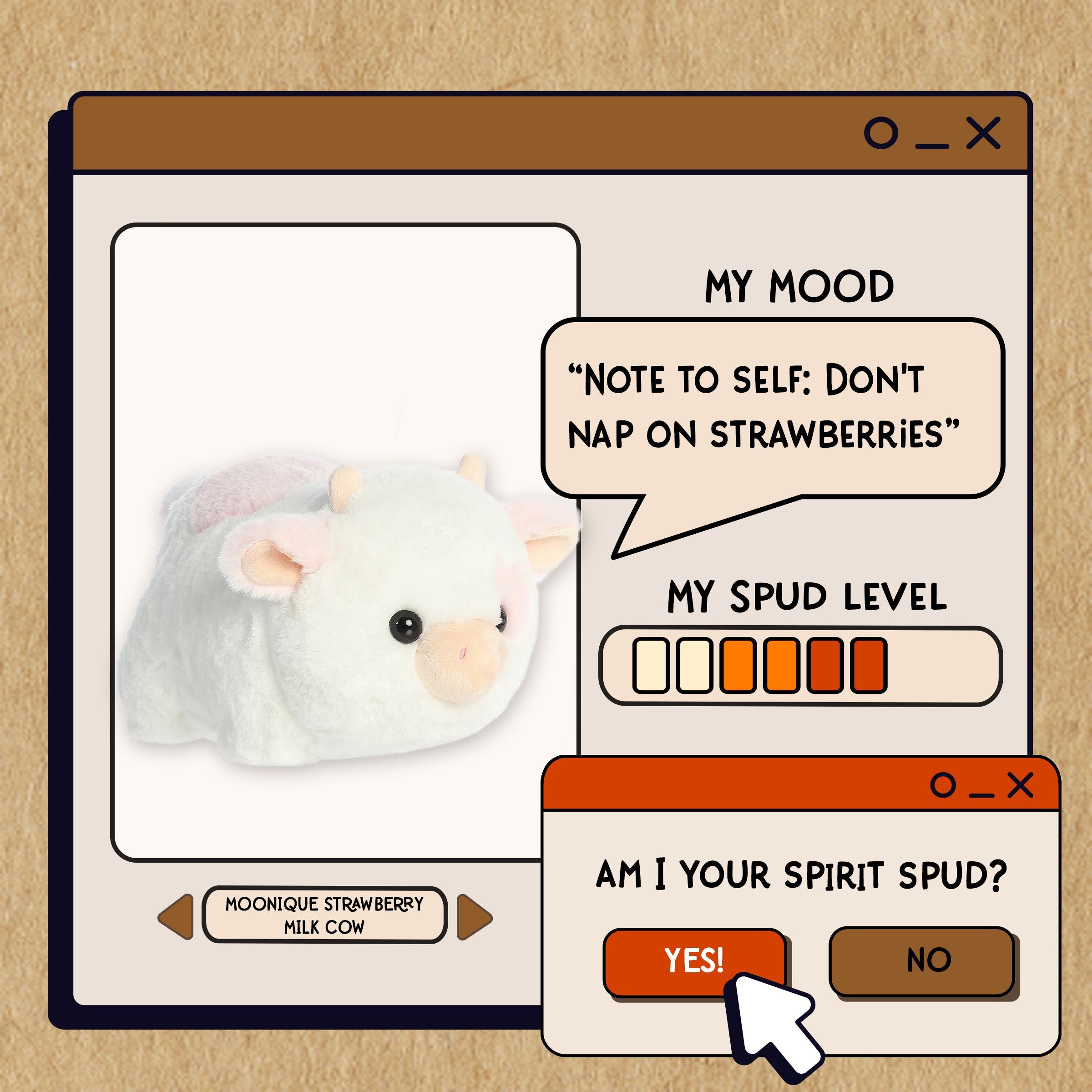 A spudsters product card for the Moonique Strawberry Milk Cow plush by Aurora