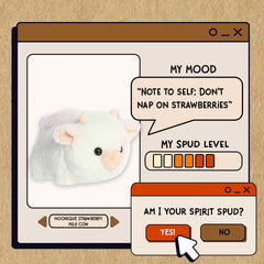 A spudsters product card for the Moonique Strawberry Milk Cow plush by Aurora