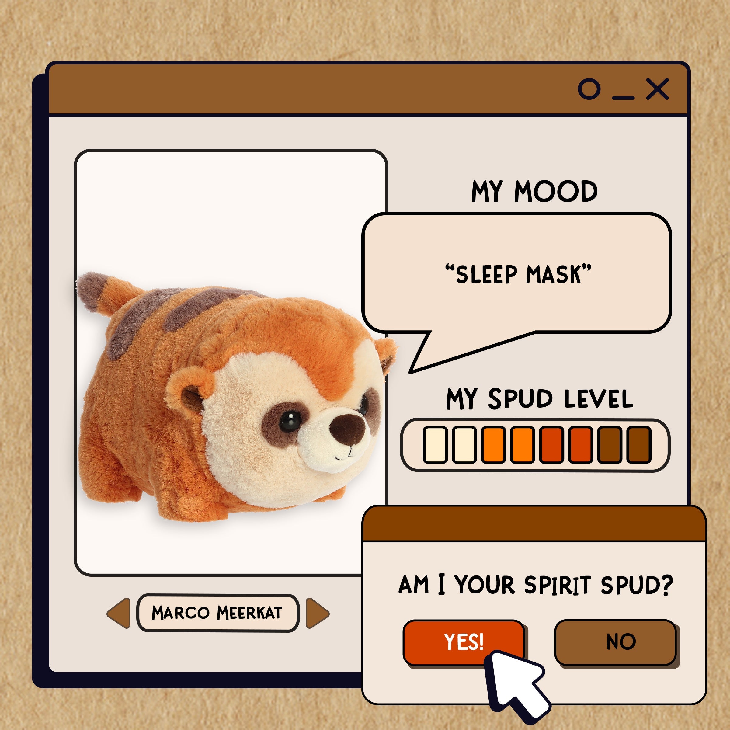 A spudsters product card for the Marco Meerkat plush by Aurora