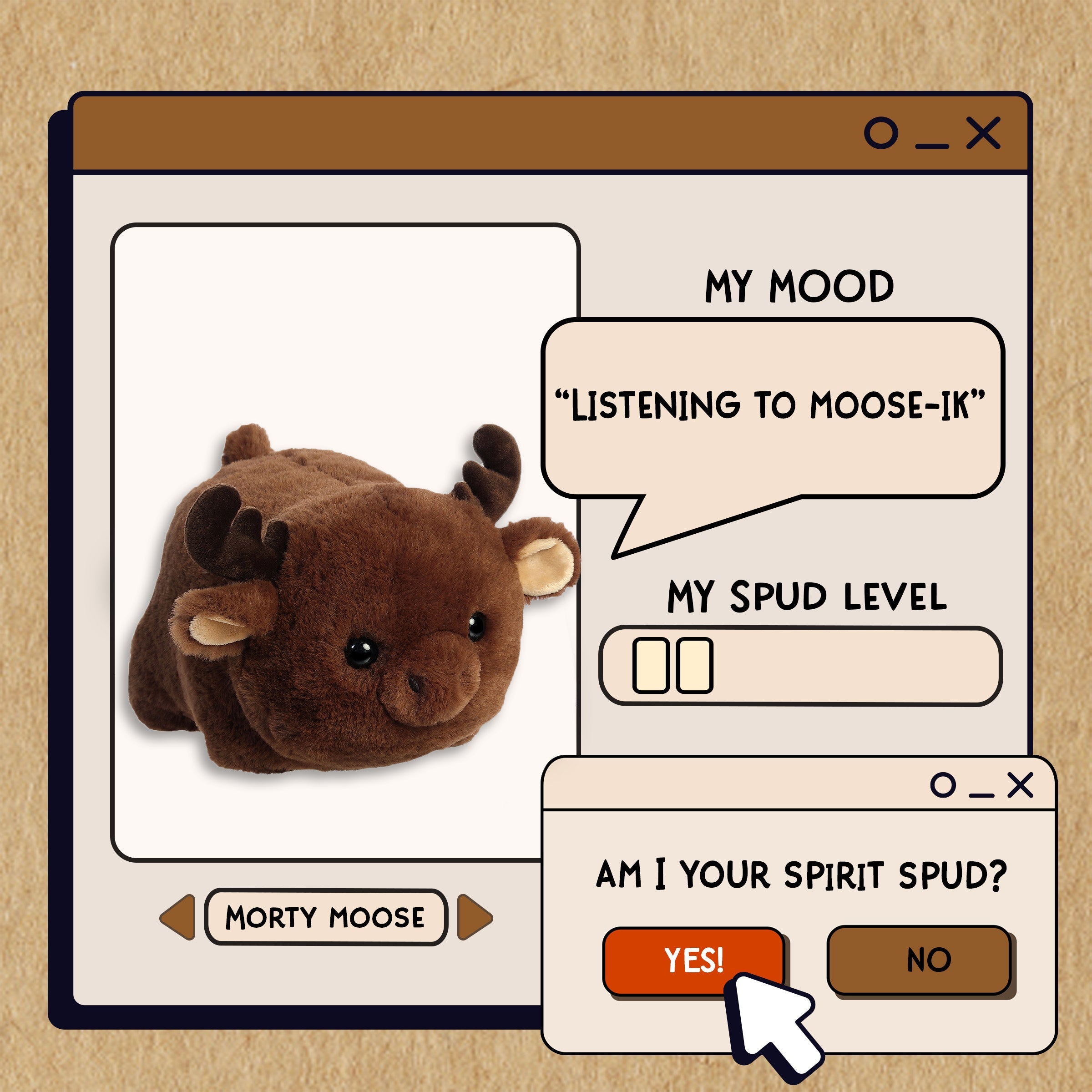 A spudsters product card for the morty moose plush by Aurora