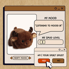 A spudsters product card for the morty moose plush by Aurora