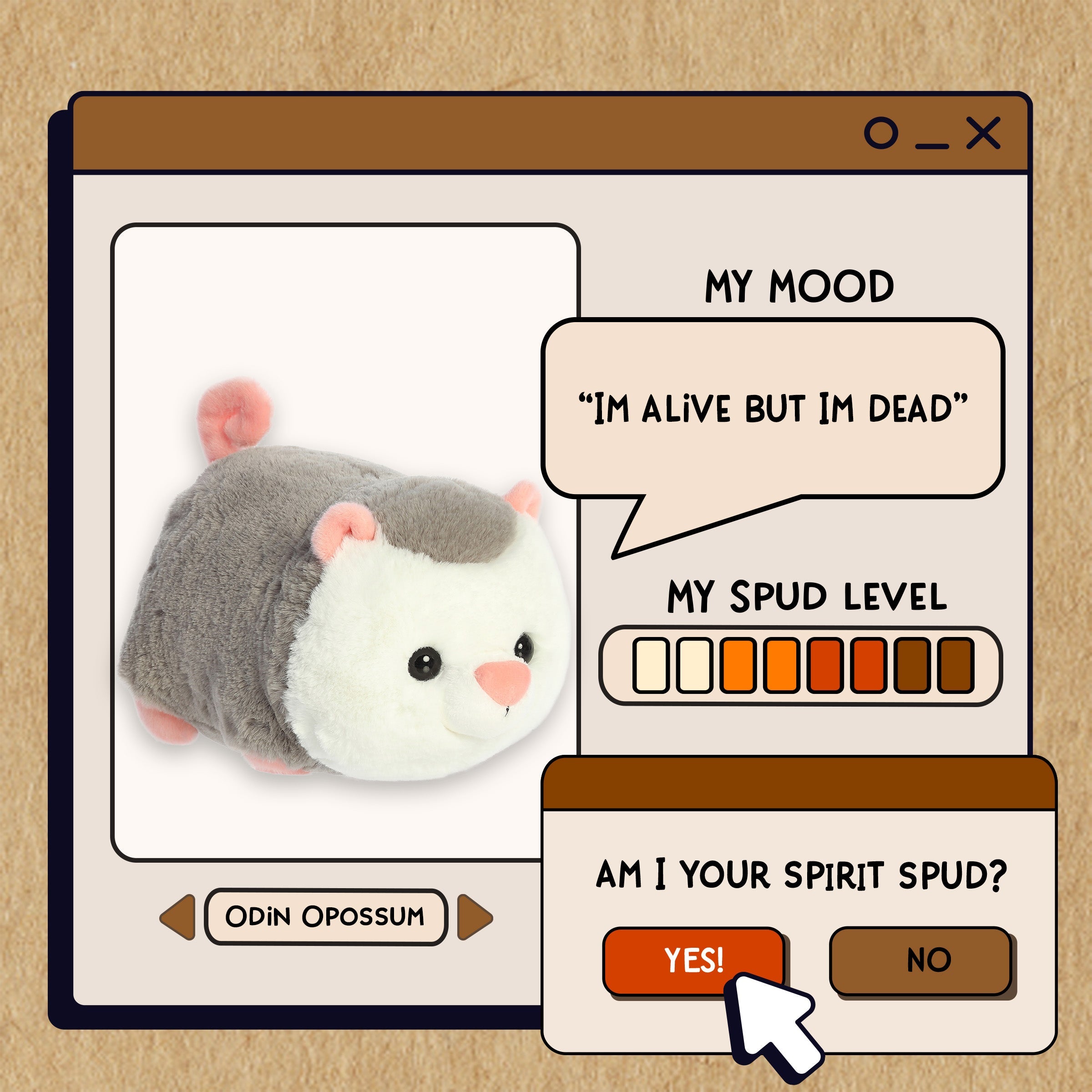 A spudsters product card for the Odin Opossum plush by Aurora