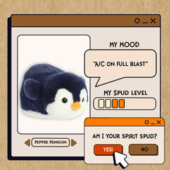 A spudsters product card for the Pepper Penguin plush by Aurora