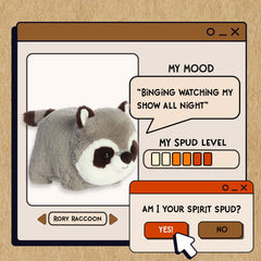 A spudsters product card for the Rory Raccoon plush by Aurora
