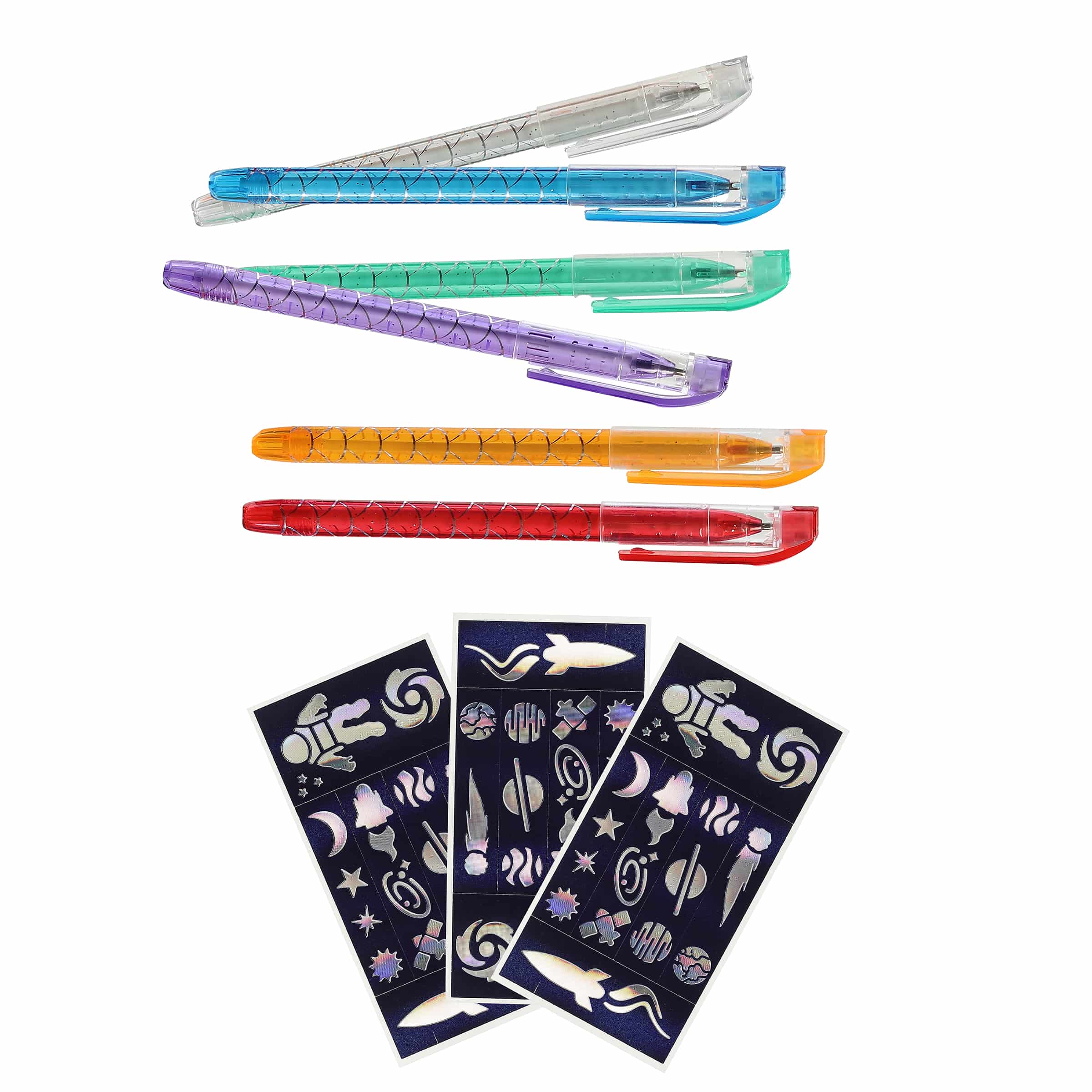 Space Tattoo Pens kit from Aurora Toys, featuring six colorful pens and space-themed stencils