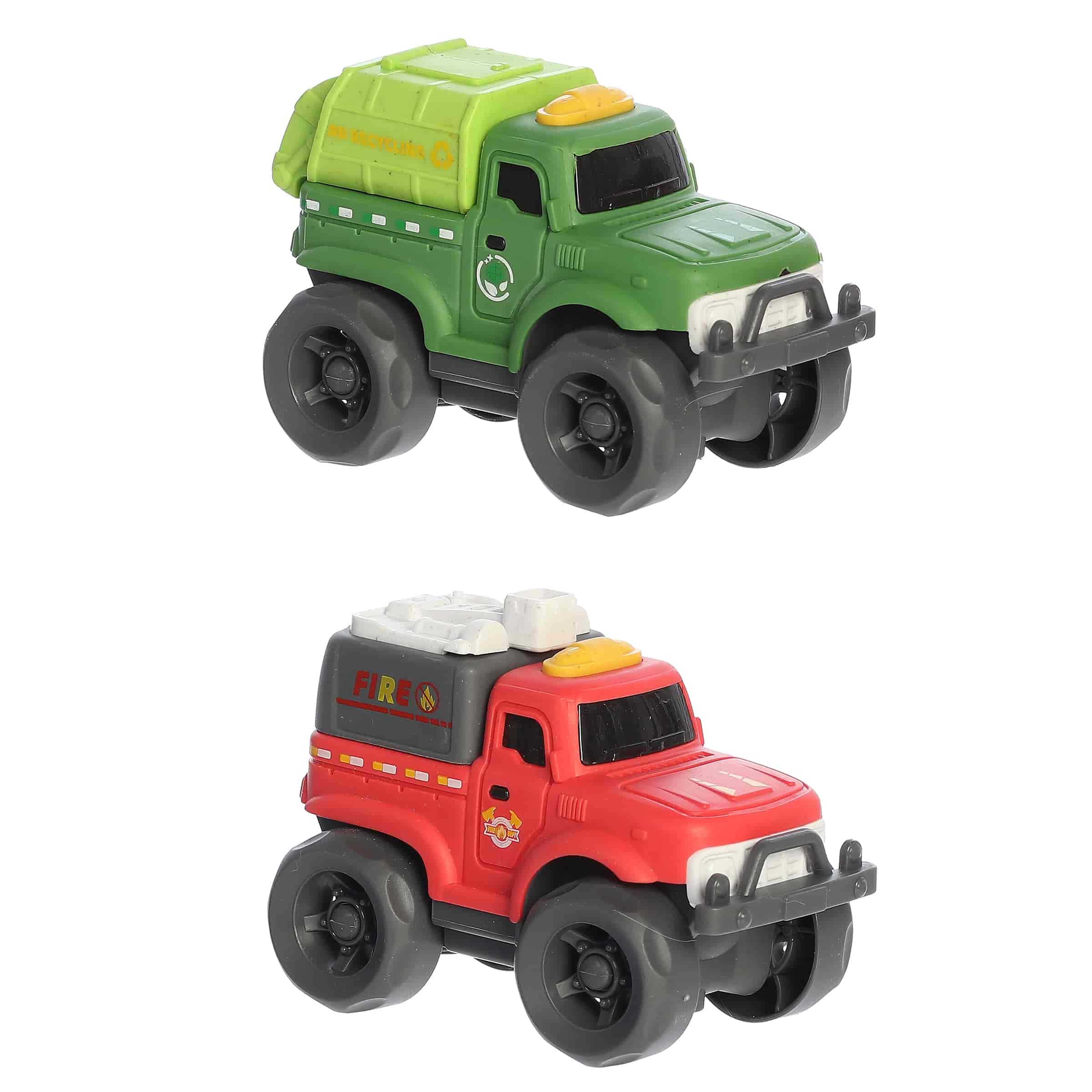 A two-piece City Truck Duo toy set made from wheat straw material with bright colors and rounded edges from Aurora Toys.