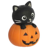 Cat & Jack-O-Lantern Marshmallow Squeeze toy with black cat sitting on an orange pumpkin