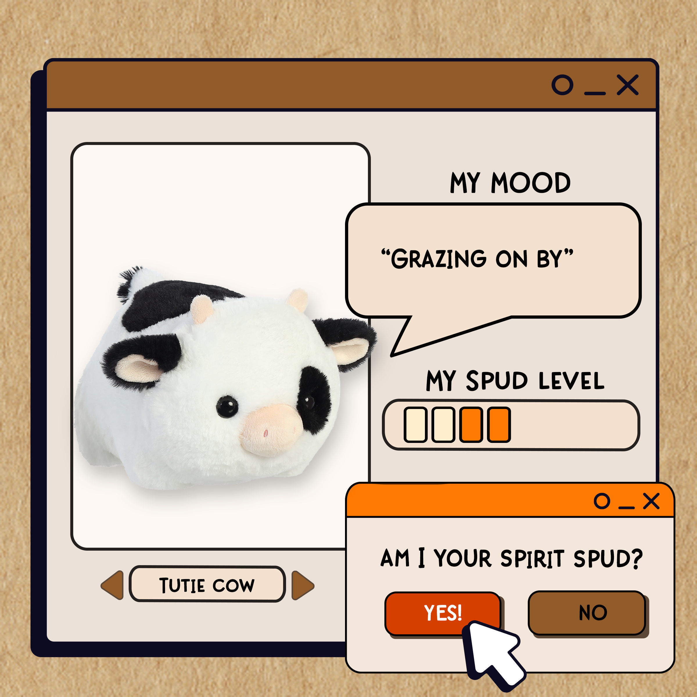 A spudsters product card for the tutie cow plush by Aurora