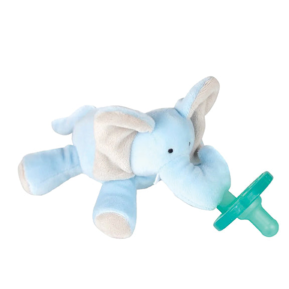 Baby Blue Elephant WubbaNub pacifier with mini tusks and floppy ears, designed for tiny hands.