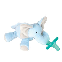 Baby Blue Elephant WubbaNub pacifier with mini tusks and floppy ears, designed for tiny hands.
