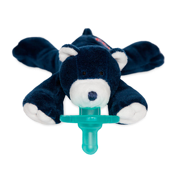 WubbaNub Boston Red Sox Bear pacifier, adorned with the team logo, perfect for tiny baseball fans.