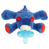 A WubbaNub bear pacifier plush from Aurora with Texas Rangers team logo details.