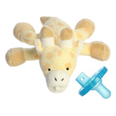 Tan giraffe plush with small legs attached to a detachable baby pacifier in a soft cuddly design