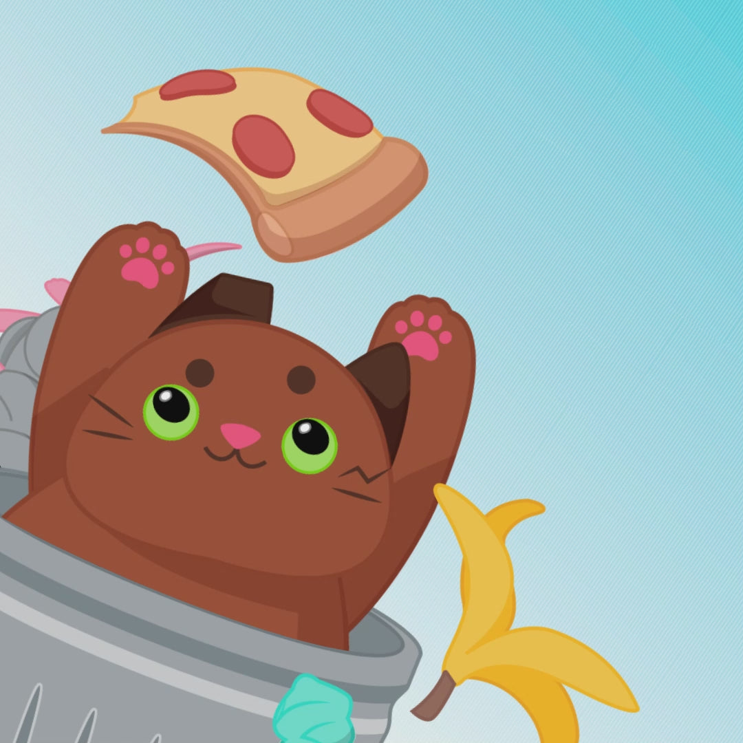 An animated gif from the MewMews plush collection comic of Beans the brown kitty jumping out of the trash!