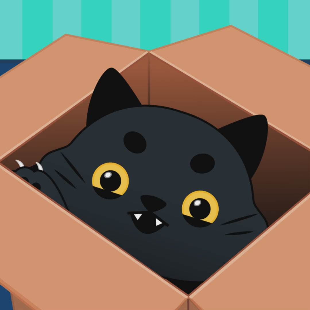 An animated gif from the MewMews plush collection comic of Storm the black kitty jumping out of a box!