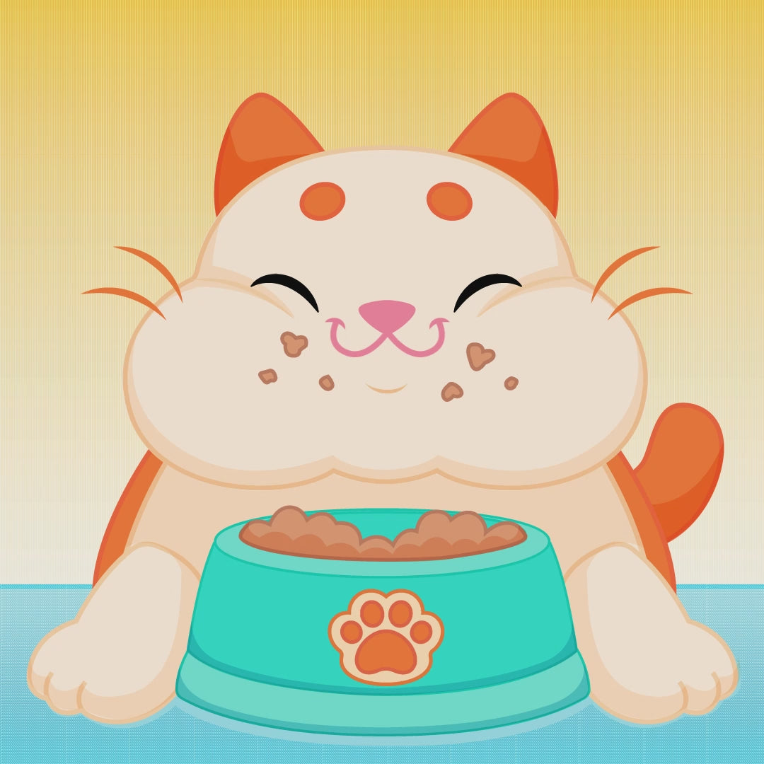 An animated gif from the MewMews plush collection comic of Cheddar the orange tabby kitty eating