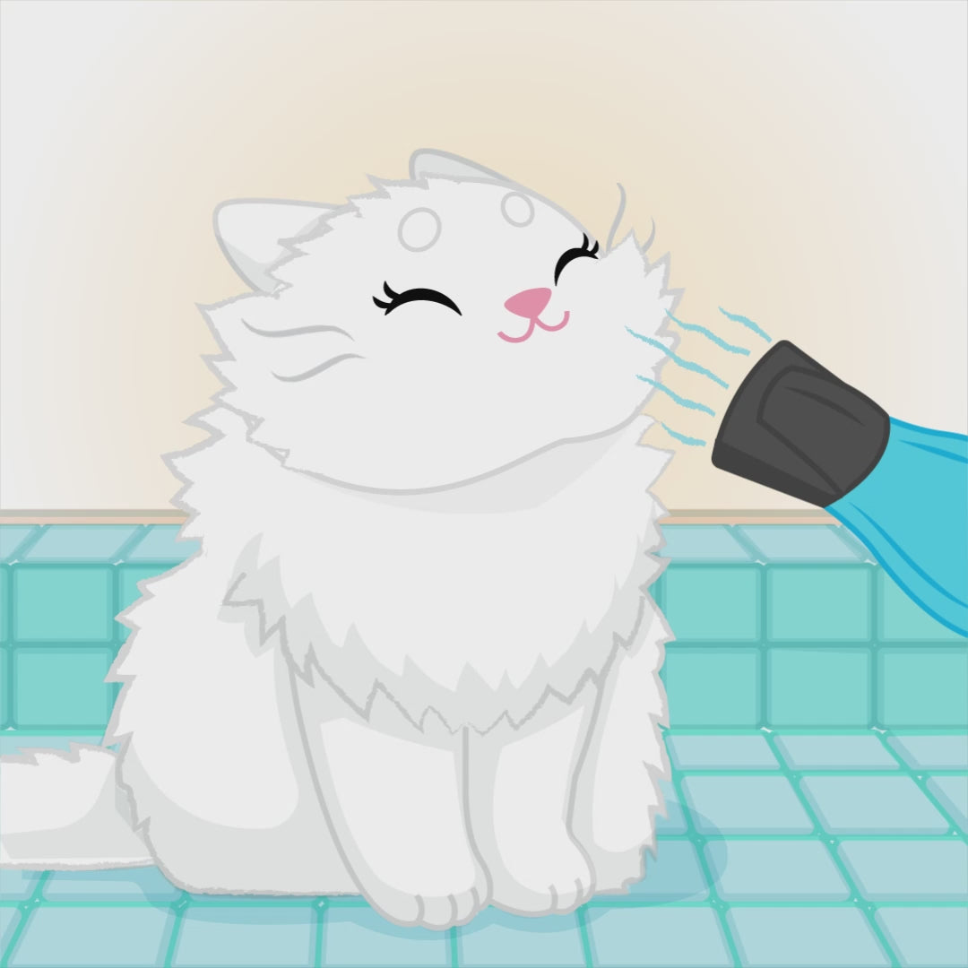 An animated gif from the MewMews plush collection comic of Angel the white kitty being pampered