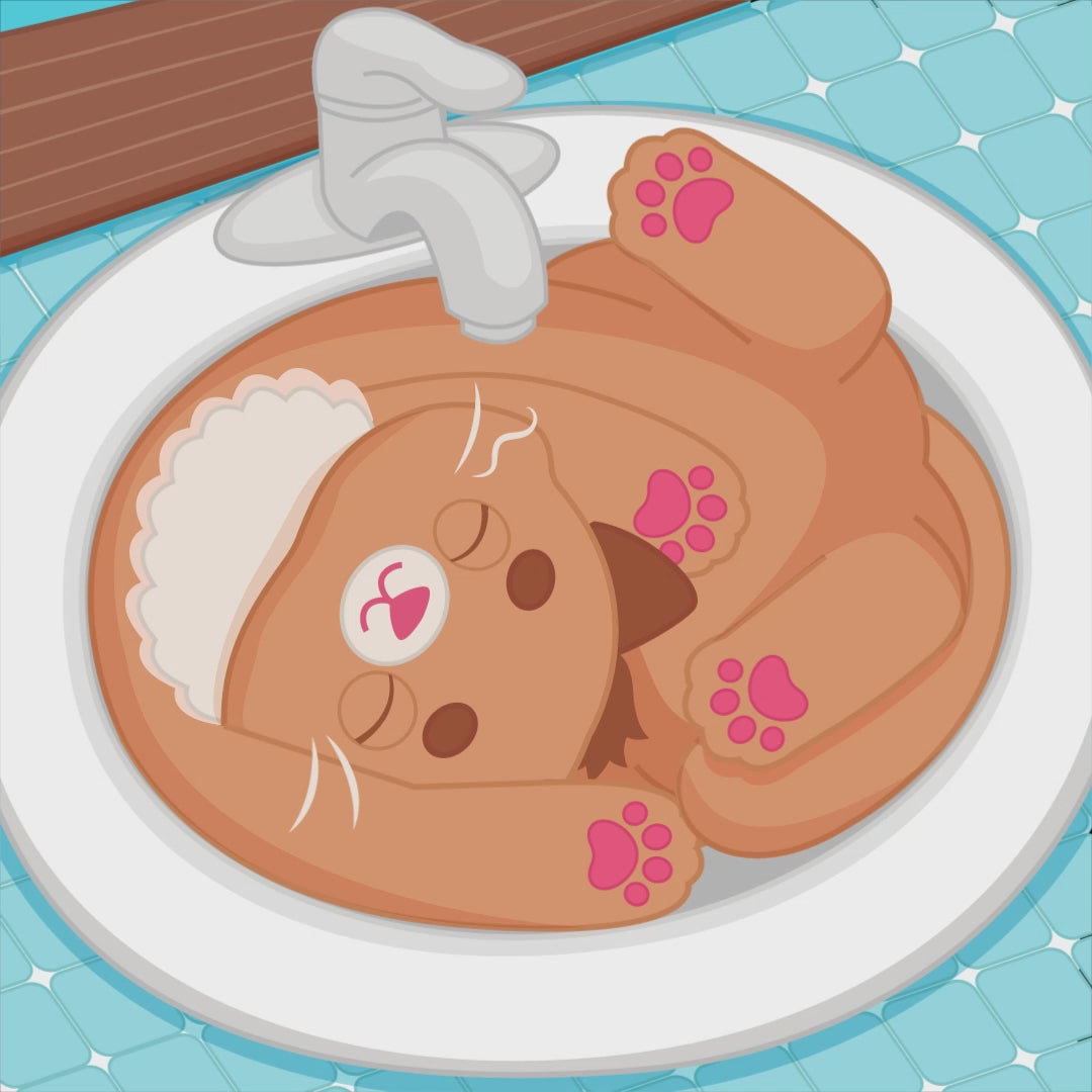 An animated gif from the MewMews plush collection comic of Siesta the brown kitty taking a cat nap