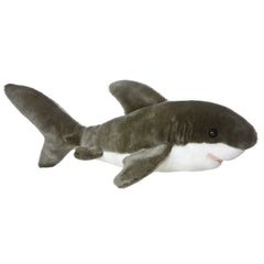 Plush toy of a gray shark with white underbelly, soft fins, and realistic marine details.