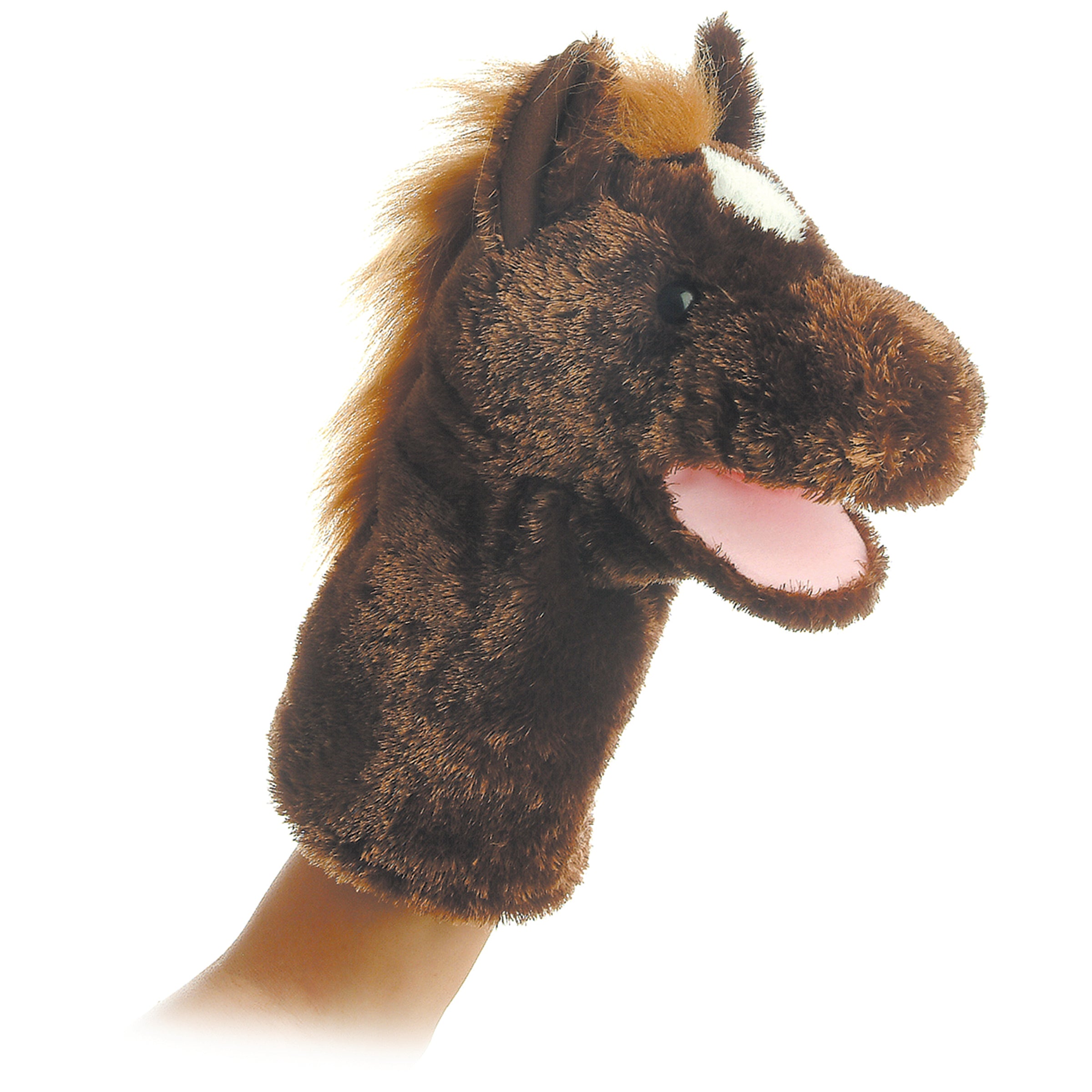 Hand puppet of a brown horse toy with floppy ears and soft fur for imaginative storytelling.