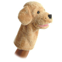 Hand puppet of a tan dog with floppy ears and gentle expression, made from plush fabric.