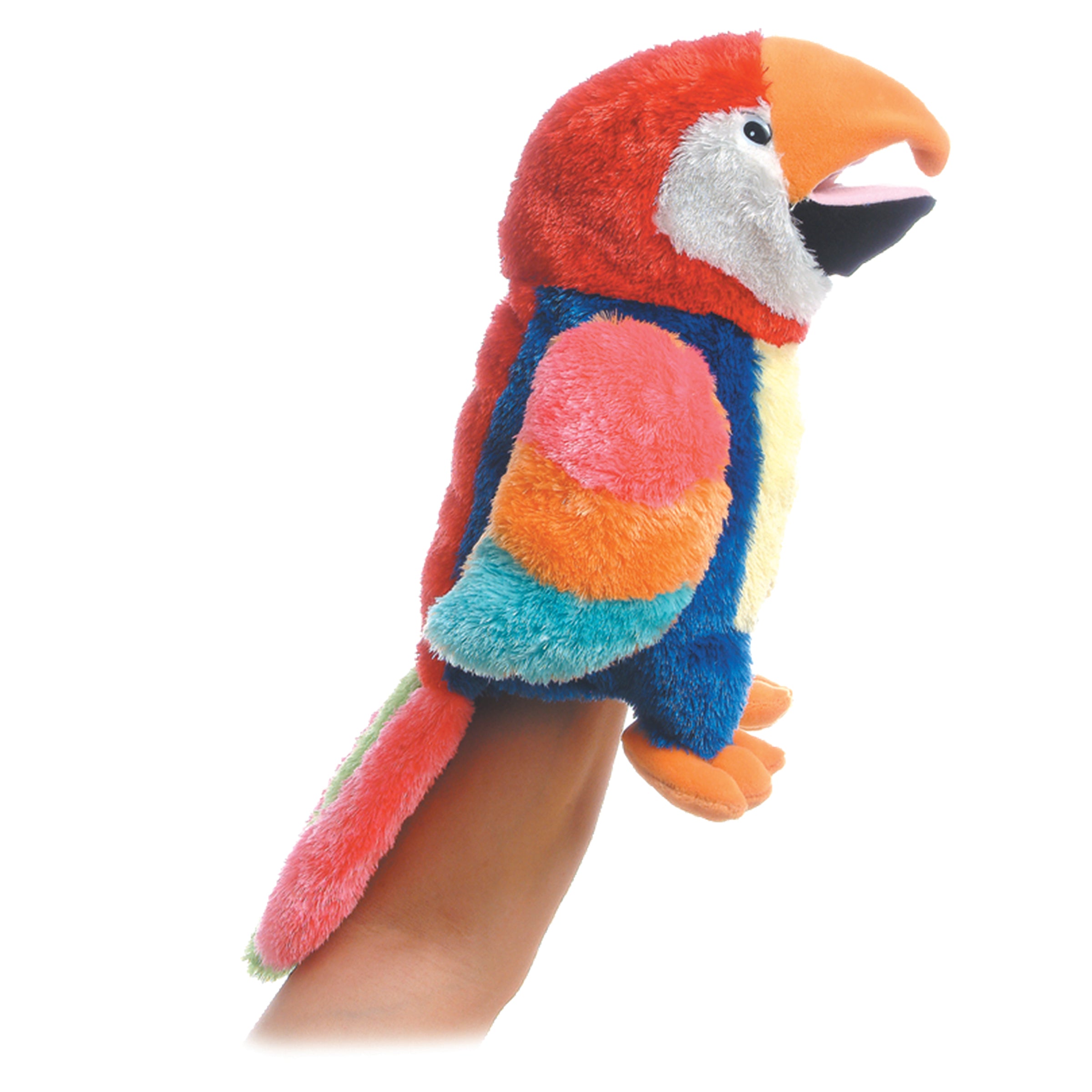 Colorful Petey parrot hand puppet by Aurora, crafted for storytelling and creative play