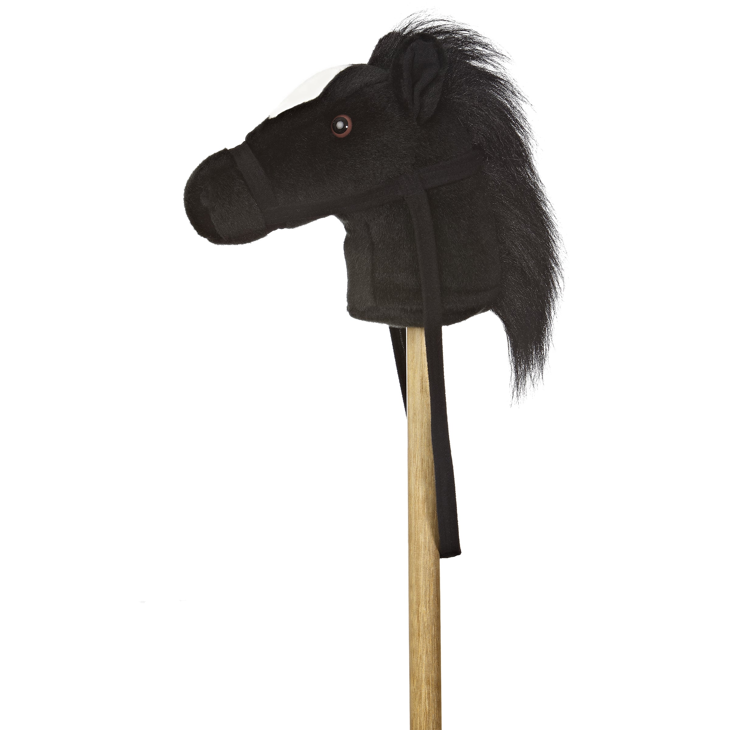 A black pony hobby horse plush toy from Giddy-Up Friends with a white forehead blaze and black mane.